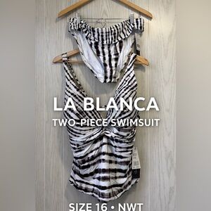 La Blanca Two-Piece Swimsuit Black White Tie-Dye Size 16 NWT